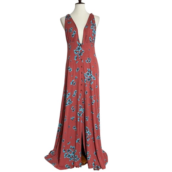 Free People Maxi Dress Women's Large Floral Plunge Sleeveless Button Front - Picture 1 of 11